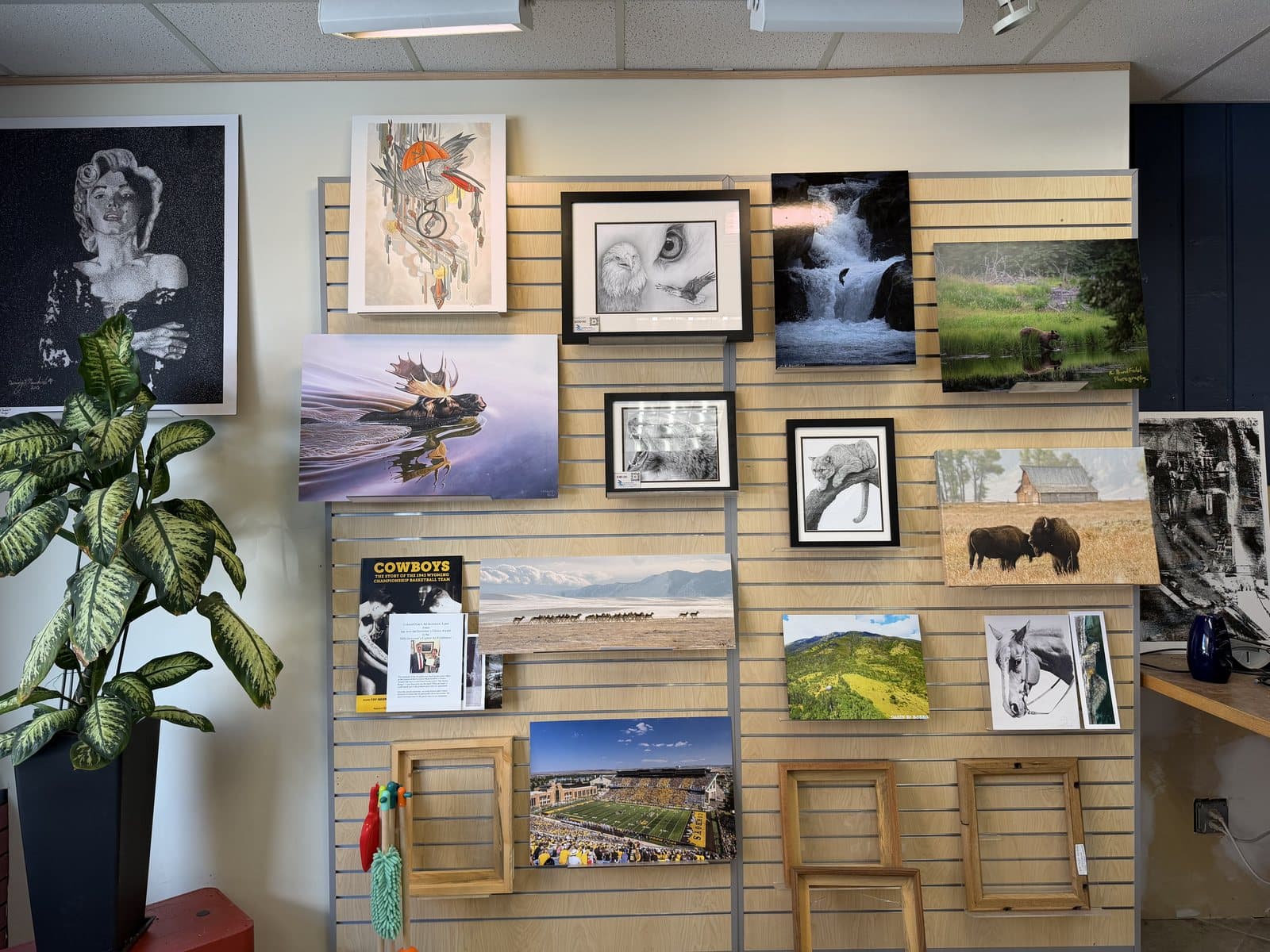 The art wall in the shop: framed prints, canvases and photographs of Wyoming hung for sale on slatwall