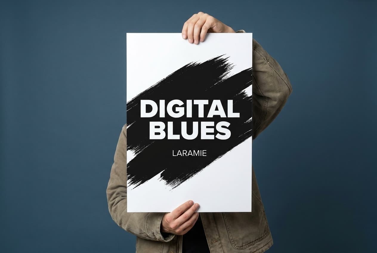 A digital blues Laramie poster, printed with a black brush stroke, held up against a slate-navy wall