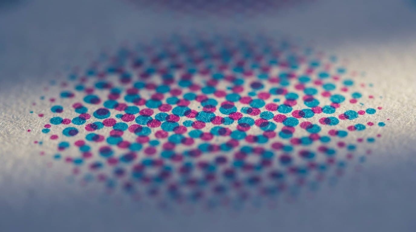 A halftone rosette magnified on the sheet, cyan and magenta dots on paper fibre